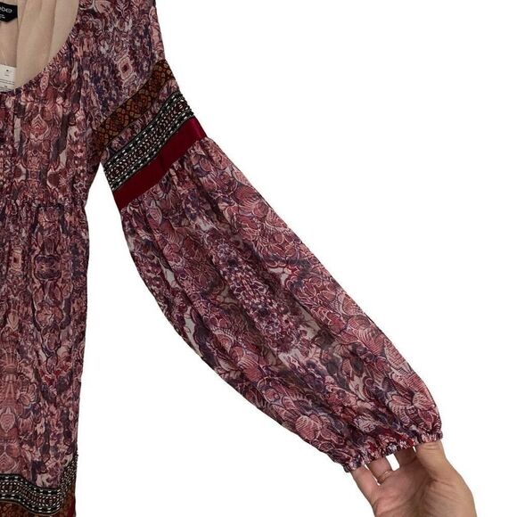 Bebe Fable boho embroidered satin trim balloon  sleeve mini dress women’s S NEW - Picture 10 of 13